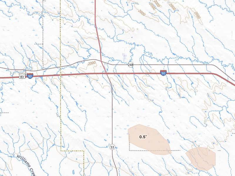 Radar-estimated hail-size map of the storm over Vivian, SD on Aug 10, 2026