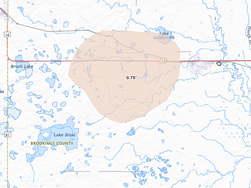 Radar-estimated hail-size map of the storm over Volga, SD on Jun 4, 2026