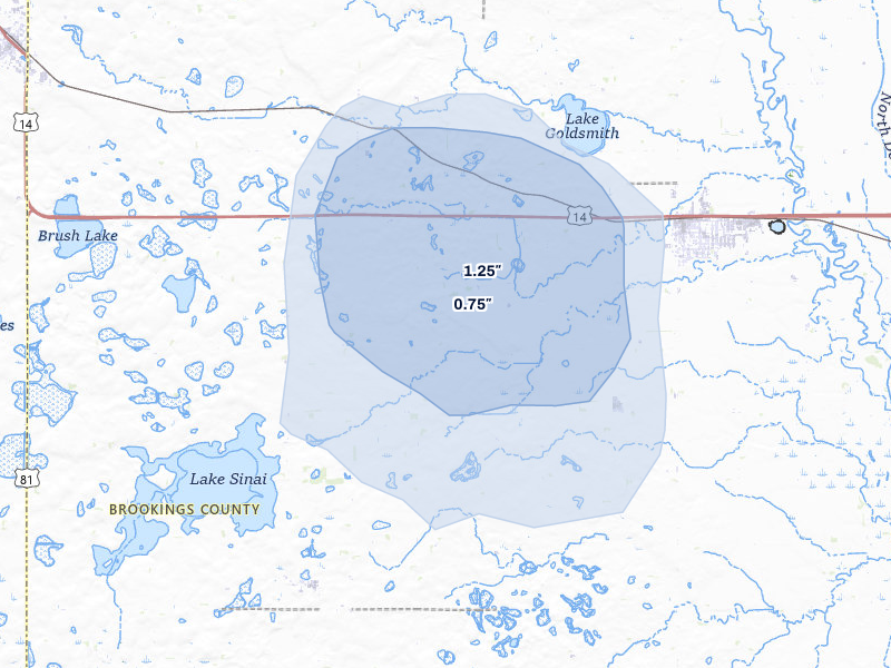 NEXRAD radar-signature map of the hail over Volga, SD