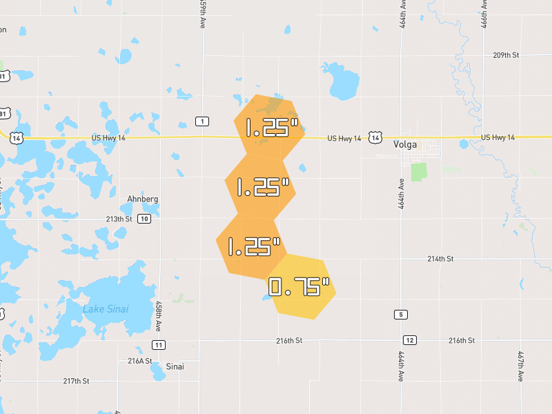 Hail map of Volga, SD on Jun 4, 2026, hail up to 1.25"