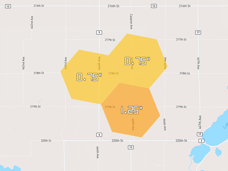 Hail map of Volga, SD on Jul 2, 2026, hail up to 1.25"