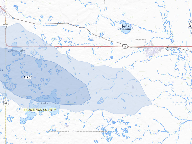 NEXRAD radar-signature map of the hail storm over Volga, SD on Jul 7, 2026