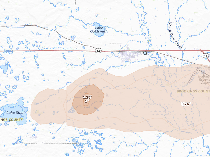 Radar-estimated hail-size map of the storm over Volga, SD on Aug 6, 2026