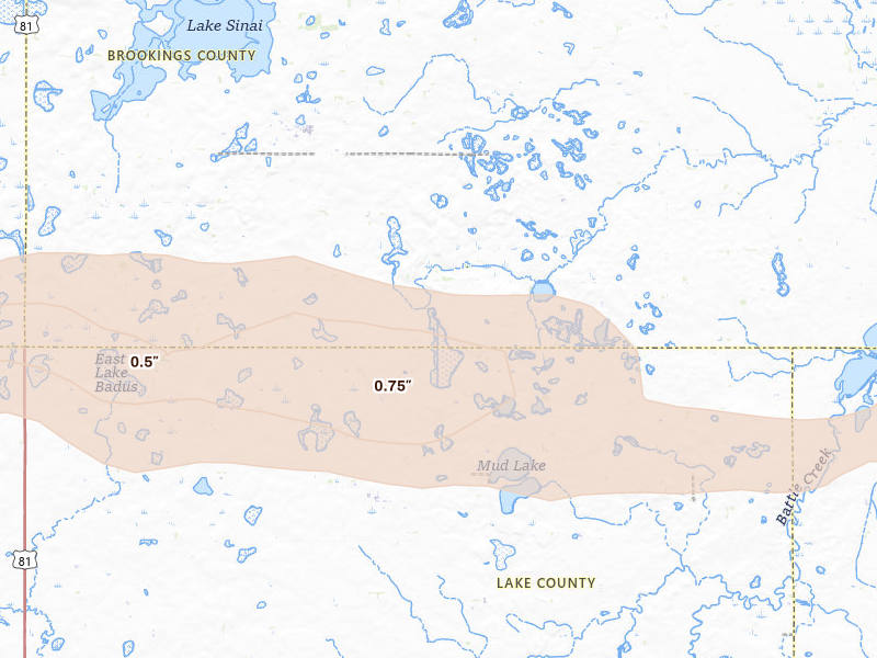 Radar-estimated hail-size map of the storm over Volga, SD on Sep 2, 2026