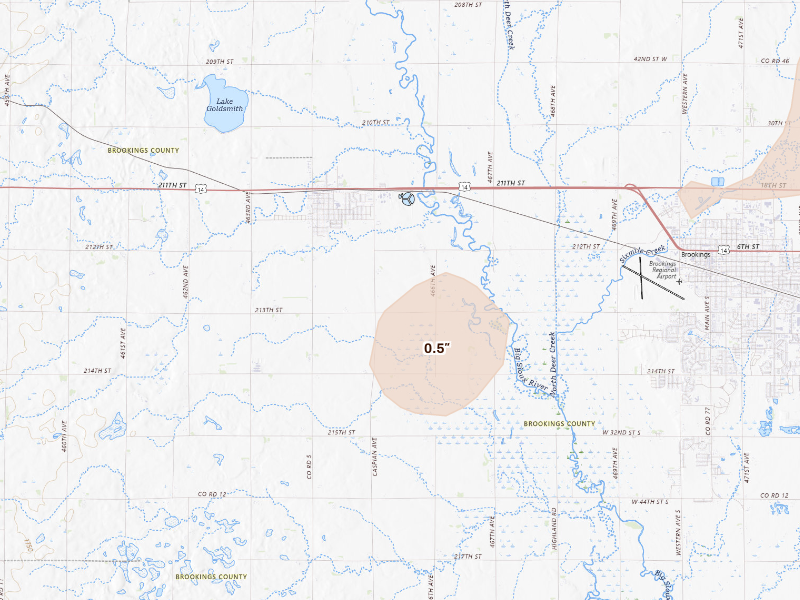 Radar-estimated hail-size map of the storm over Volga, SD