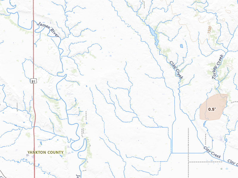 Radar-estimated hail-size map of the storm over Volin, SD on May 18, 2026