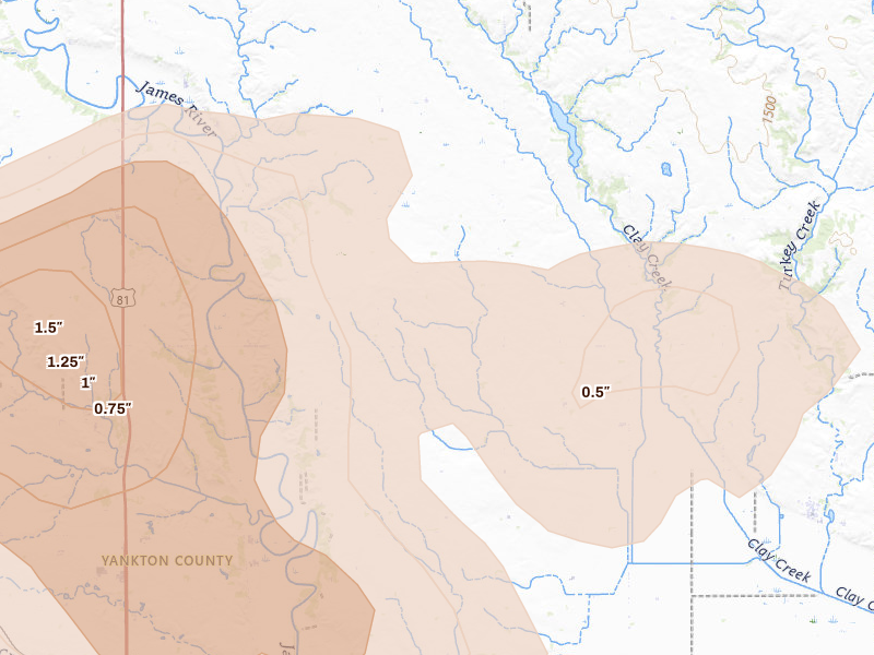 Radar-estimated hail-size map of the storm over Volin, SD on May 24, 2026