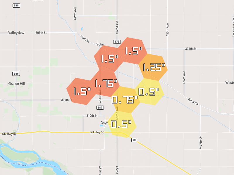 Hail map of Volin, SD on Jun 1, 2026, hail up to 1.75"