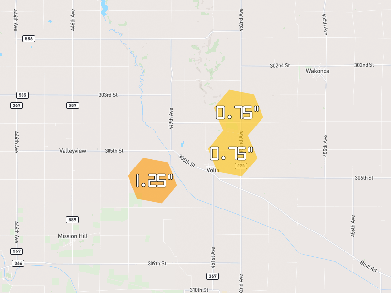 Hail map of Volin, SD on Jun 30, 2026, hail up to 1.25"