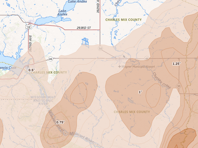 Radar-estimated hail-size map of the storm over Wagner, SD on May 17, 2026