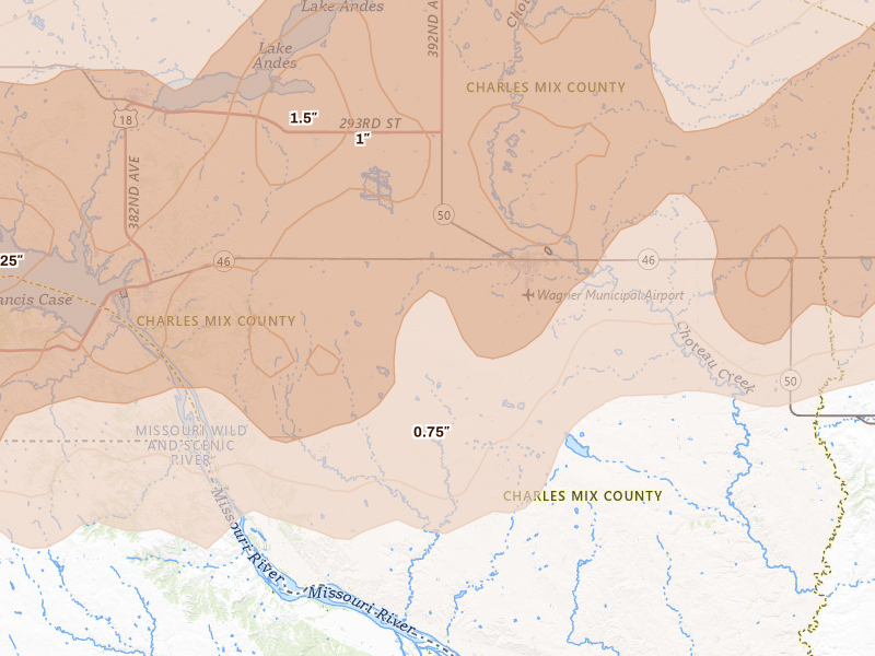 Radar-estimated hail-size map of the storm over Wagner, SD on Jun 27, 2026