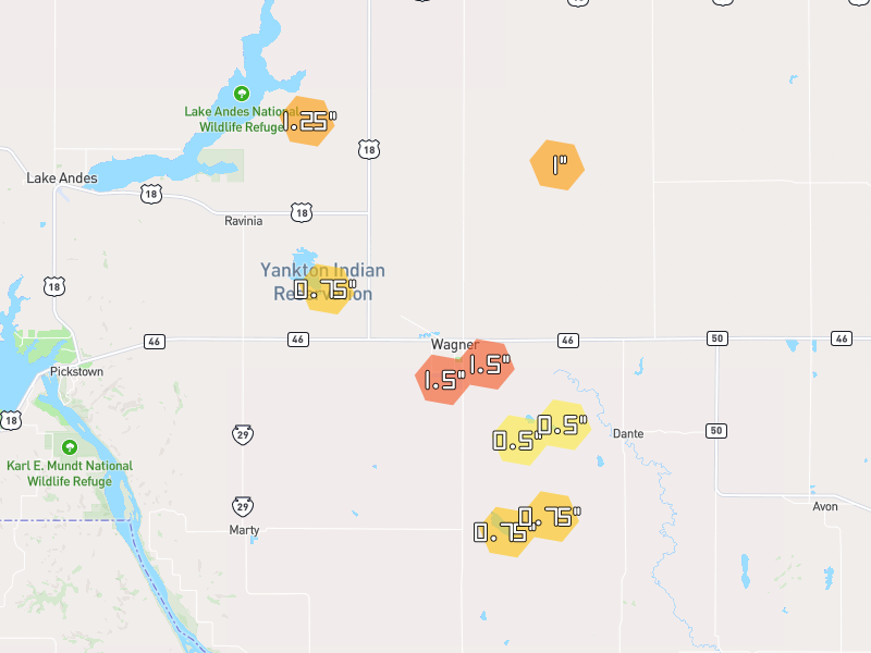 Hail map of Wagner, SD on Jul 1, 2026, hail up to 1.5"