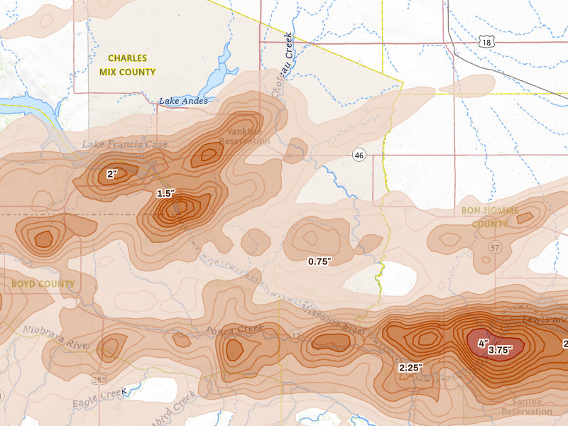Radar-estimated hail-size map of the storm over Wagner, SD on Sep 1, 2026