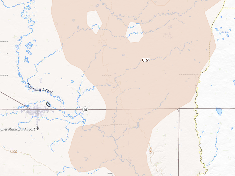 Radar-estimated hail-size map of the storm over Wagner, SD on Sep 4, 2026