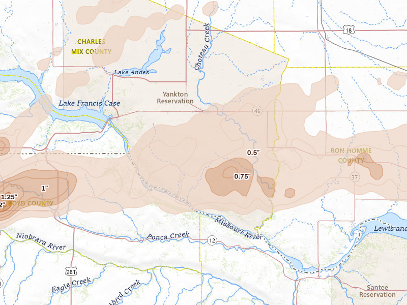 Radar-estimated hail-size map of the storm over Wagner, SD
