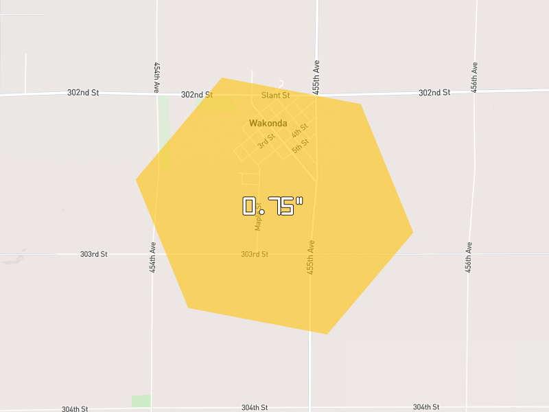 Hail map of Wakonda, SD on Jun 30, 2026, hail up to 0.75"