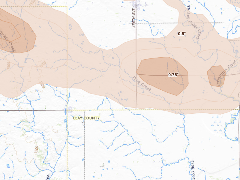 Radar-estimated hail-size map of the storm over Wakonda, SD on Aug 10, 2026