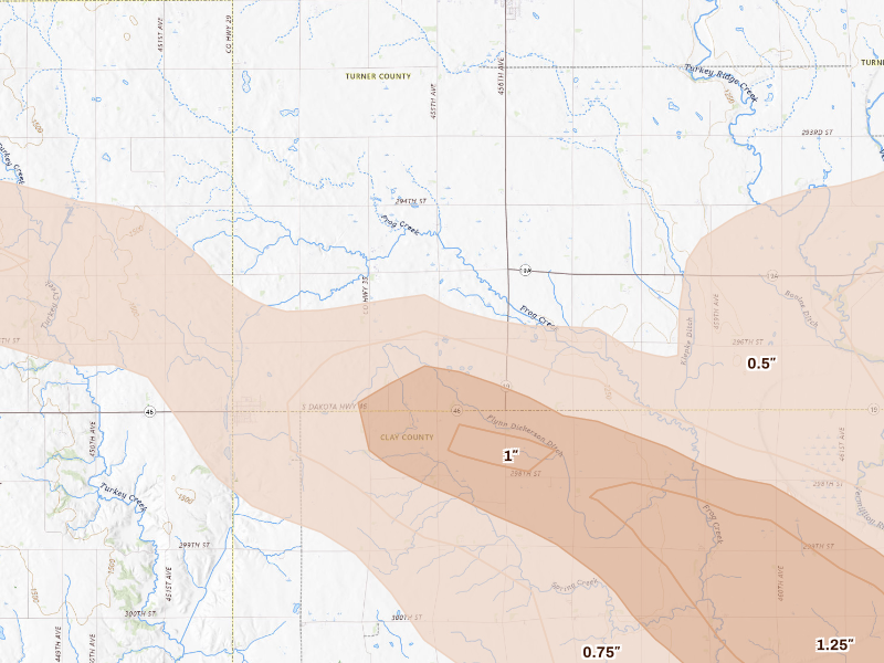 Radar-estimated hail-size map of the storm over Wakonda, SD