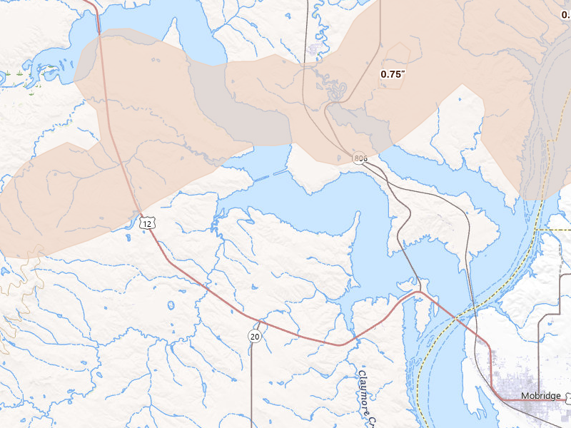 Radar-estimated hail-size map of the storm over Wakpala, SD on Jun 9, 2026