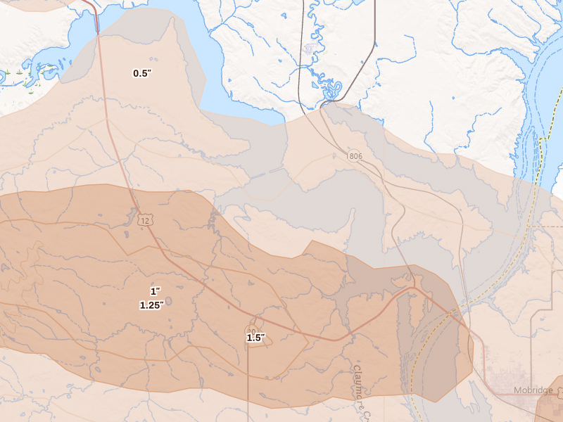 Radar-estimated hail-size map of the storm over Wakpala, SD on Jul 7, 2026