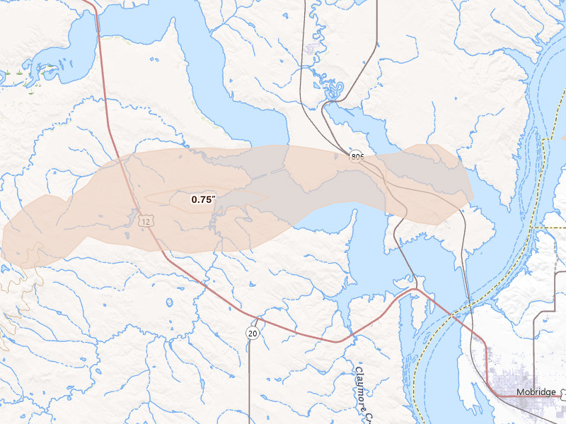 Radar-estimated hail-size map of the storm over Wakpala, SD on Aug 30, 2026
