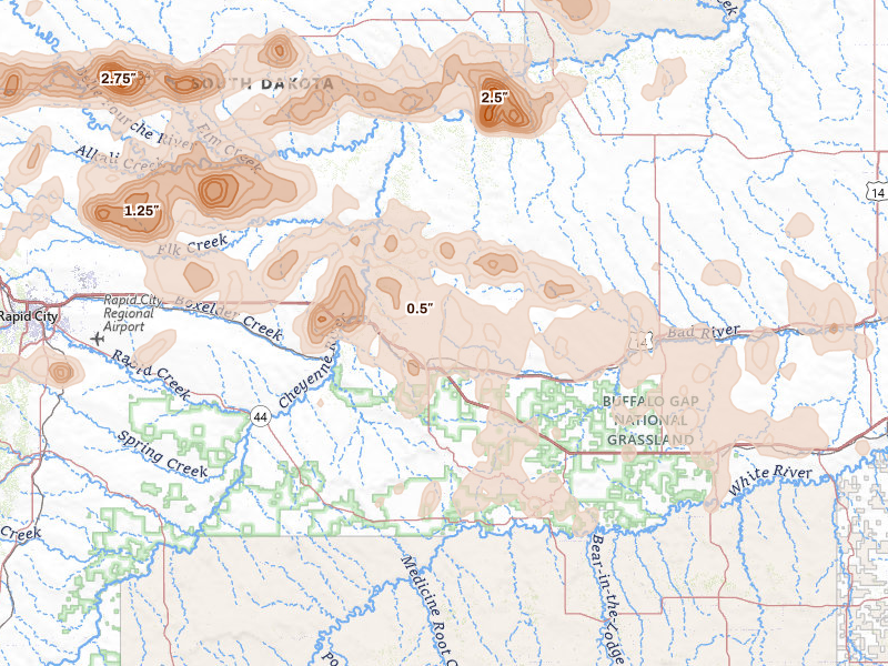 Radar-estimated hail-size map of the storm over Wall, SD on Jul 2, 2026