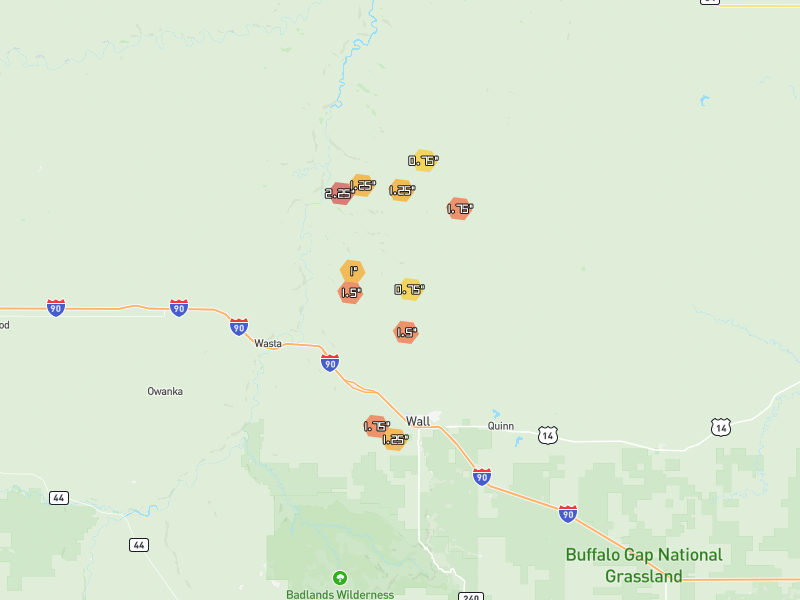 Hail map of Wall, SD on Jul 3, 2026, hail up to 2.25"