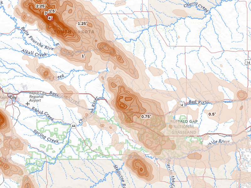 Radar-estimated hail-size map of the storm over Wall, SD on Aug 11, 2026