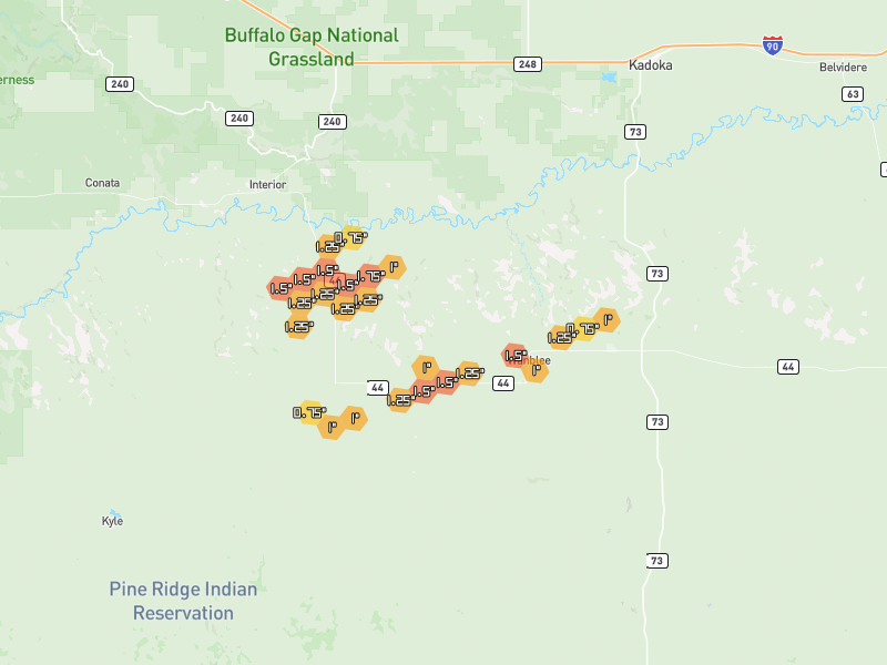 Hail map of Wanblee, SD on Jun 2, 2026, hail up to 1.75"