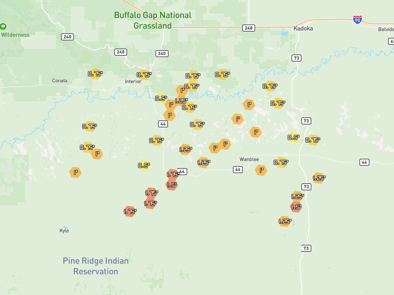 Hail map of Wanblee, SD on Jun 28, 2026, hail up to 1.75"