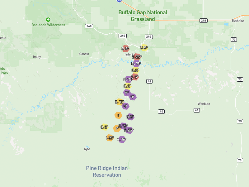 Hail map of Wanblee, SD on Jun 29, 2026, hail up to 4"