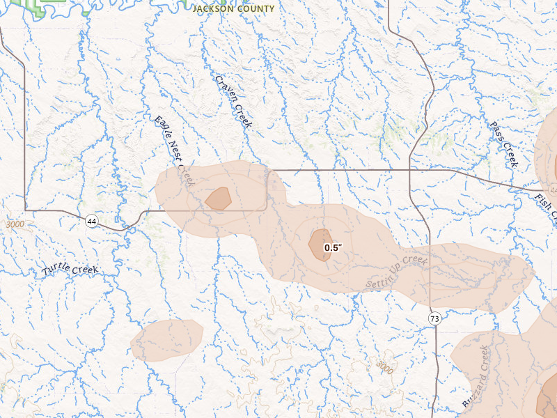 Radar-estimated hail-size map of the storm over Wanblee, SD on Jul 9, 2026