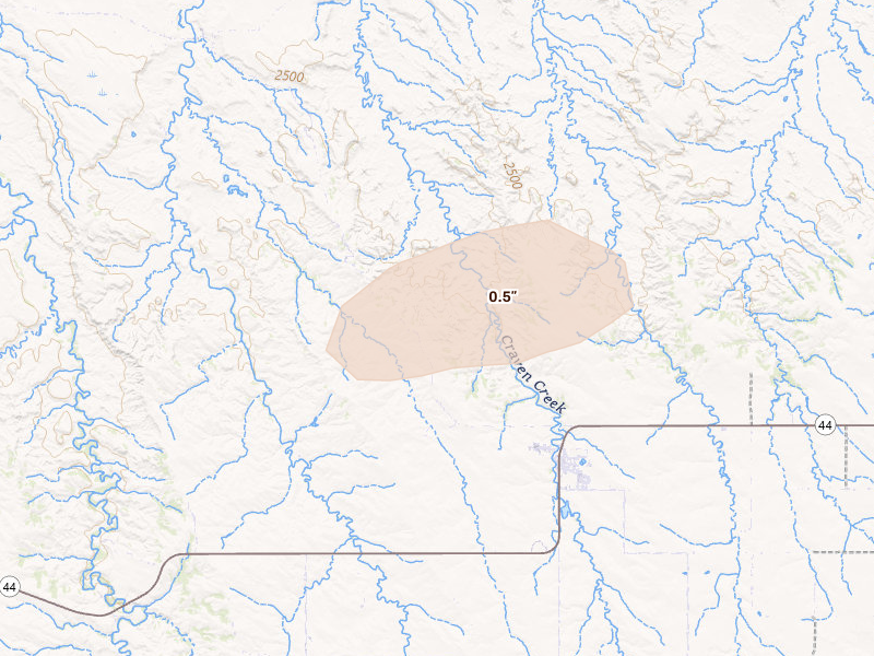 Radar-estimated hail-size map of the storm over Wanblee, SD on Aug 22, 2026