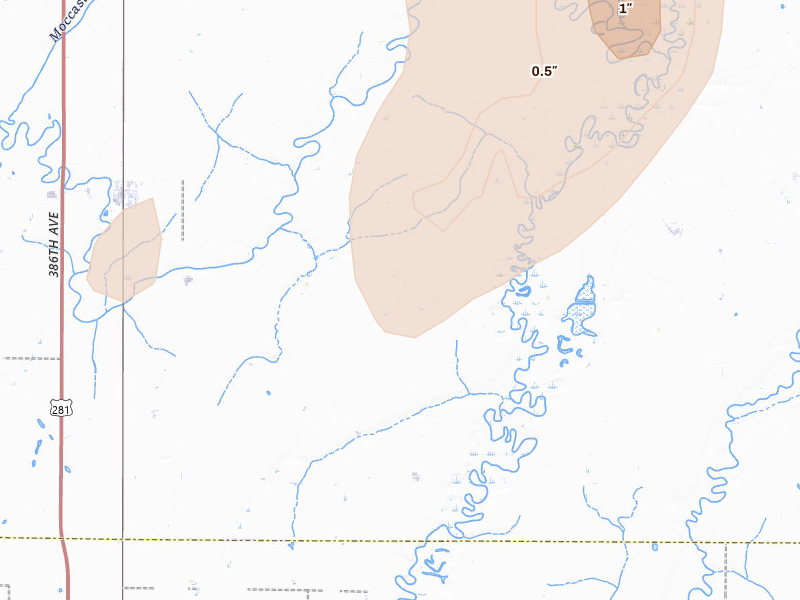 Radar-estimated hail-size map of the storm over Warner, SD on May 31, 2026