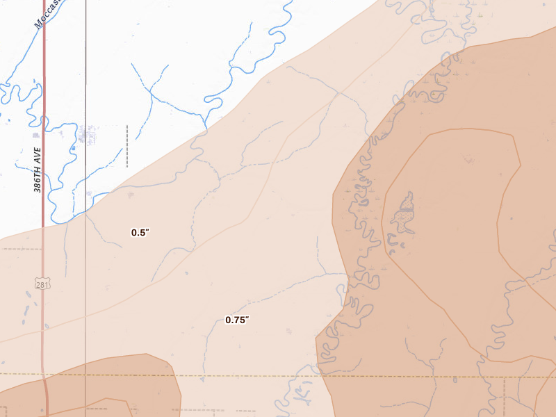 Radar-estimated hail-size map of the storm over Warner, SD on Jun 29, 2026