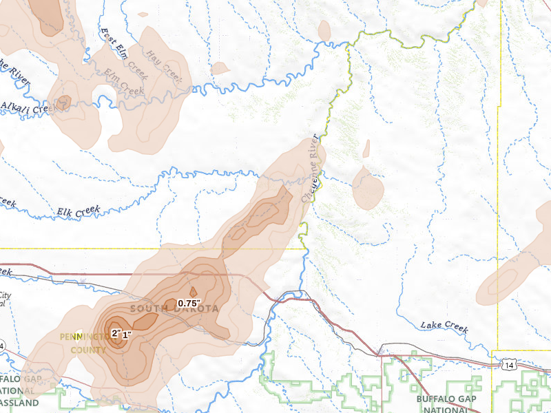 Radar-estimated hail-size map of the storm over Wasta, SD on Jun 26, 2026