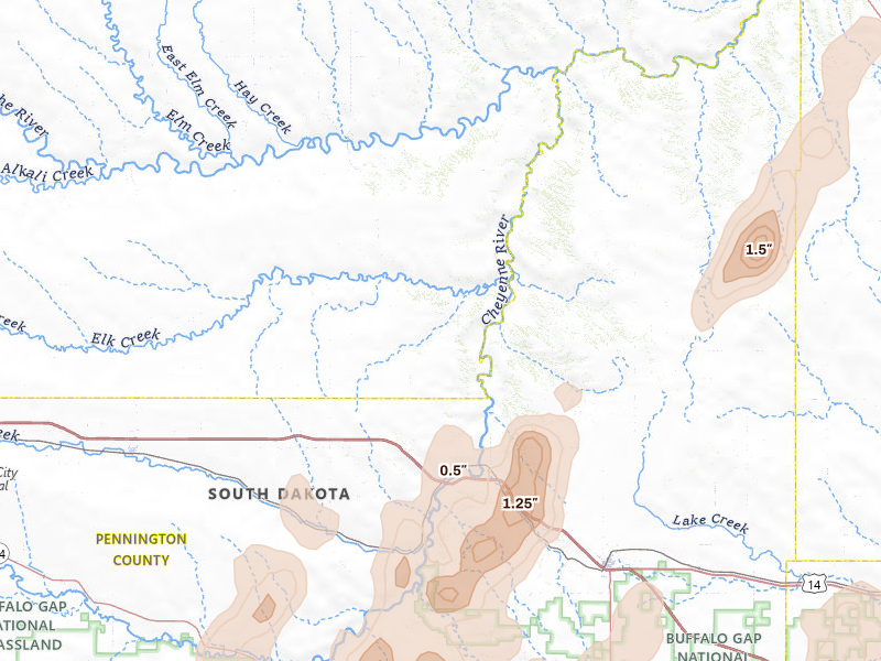 Radar-estimated hail-size map of the storm over Wasta, SD on Jun 28, 2026