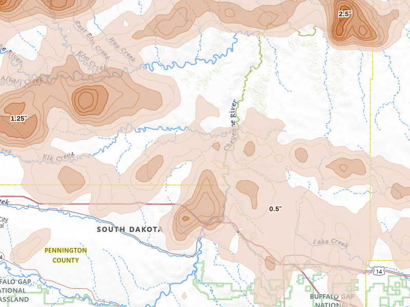 Radar-estimated hail-size map of the storm over Wasta, SD on Jul 2, 2026