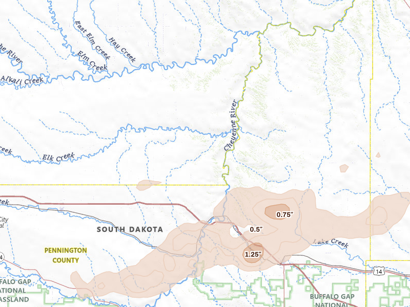 Radar-estimated hail-size map of the storm over Wasta, SD on Jul 7, 2026