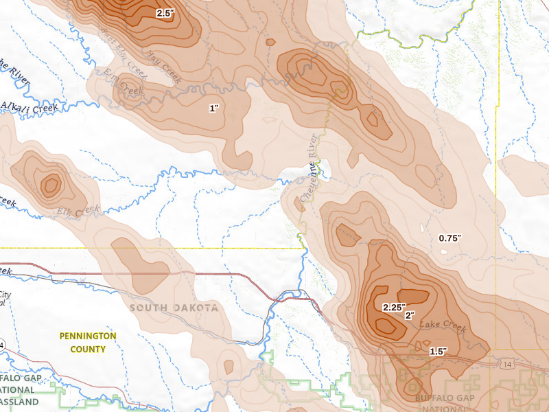 Radar-estimated hail-size map of the storm over Wasta, SD on Aug 11, 2026