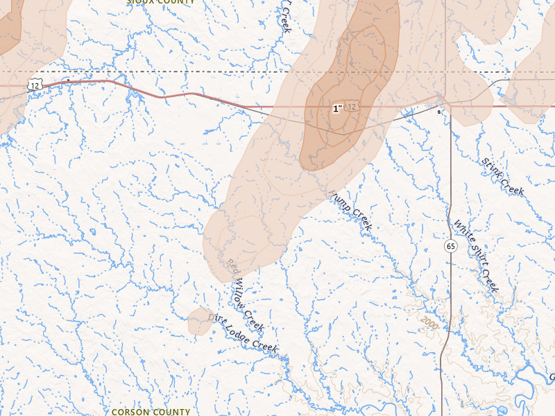 Radar-estimated hail-size map of the storm over Watauga, SD on Jun 9, 2026
