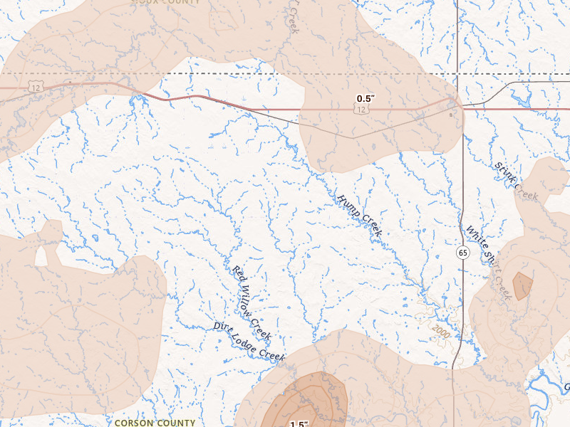 Radar-estimated hail-size map of the storm over Watauga, SD on Jul 1, 2026