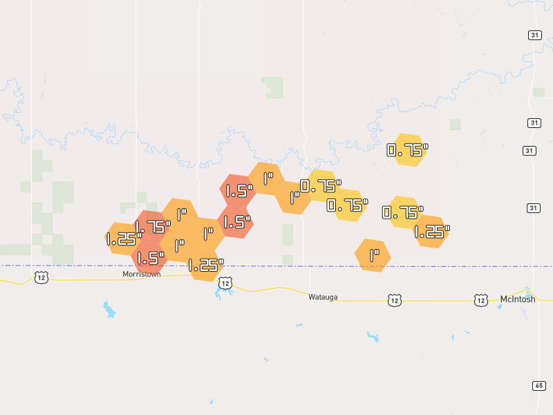 Hail map of Watauga, SD on Jul 2, 2026, hail up to 1.75"