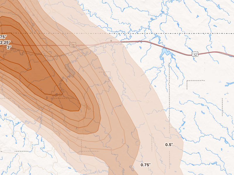 Radar-estimated hail-size map of the storm over Watauga, SD on Aug 11, 2026