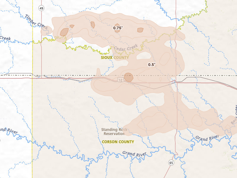 Radar-estimated hail-size map of the storm over Watauga, SD on Aug 30, 2026