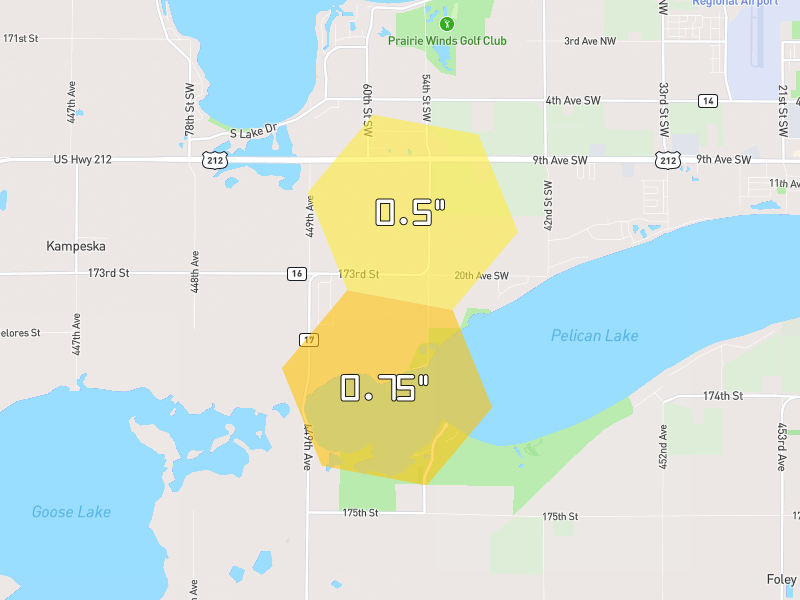 Hail map of Watertown, SD on Jul 2, 2026, hail up to 1"