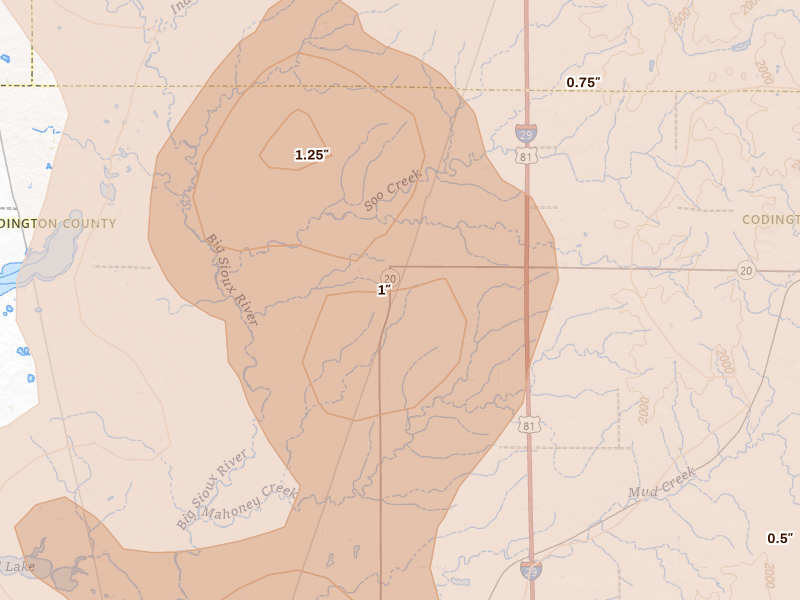 Radar-estimated hail-size map of the storm over Watertown, SD on Jul 6, 2026