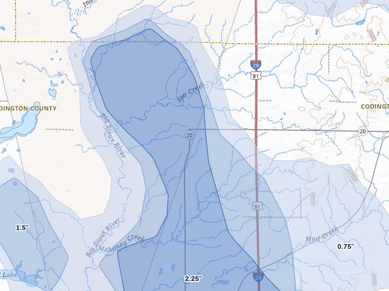NEXRAD radar-signature map of the hail storm over Watertown, SD on Jul 6, 2026