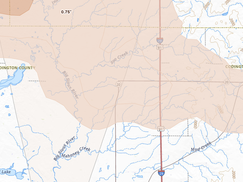Radar-estimated hail-size map of the storm over Watertown, SD on Jul 7, 2026