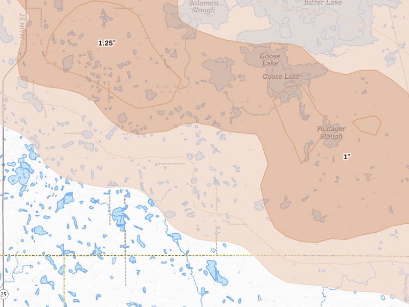 Radar-estimated hail-size map of the storm over Waubay, SD on Jul 7, 2026